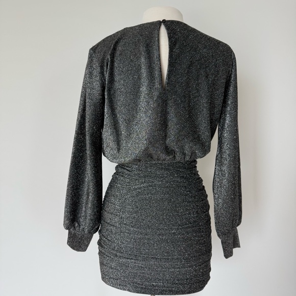 Shimmery Black Metallic Ruched Mini Dress - Picture 12 of 16